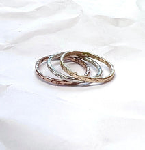 Load image into Gallery viewer, Stacking Ring Set, THREE mixed Metal Stack Rings, Gold Rose Yellow Gold and Sterling Rings, Minimalist Textured Rings, Stackable Ring Bands
