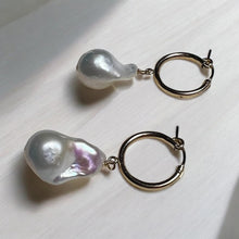 Load image into Gallery viewer, Large Natural Baroque Pearl Hoop Earrings, AAA Fireball Pearl Earrings, Pearl and Gold Hoops, Bridal Earrings, Gift for Her, Bridesmaid Gift
