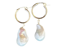 Load image into Gallery viewer, Large Natural Baroque Pearl Hoop Earrings, AAA Fireball Pearl Earrings, Pearl and Gold Hoops, Bridal Earrings, Gift for Her, Bridesmaid Gift
