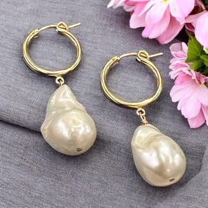 Large Natural Baroque Pearl Hoop Earrings, AAA Fireball Pearl Earrings, Pearl and Gold Hoops, Bridal Earrings, Gift for Her, Bridesmaid Gift