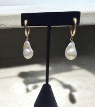 Load image into Gallery viewer, Large Natural Baroque Pearl Hoop Earrings, AAA Fireball Pearl Earrings, Pearl and Gold Hoops, Bridal Earrings, Gift for Her, Bridesmaid Gift
