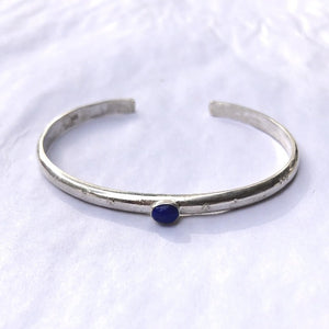 Solid Sterling Silver and Genuine Lapis Lazuli Gemstone Cuff Bracelet - 4 mm Wide