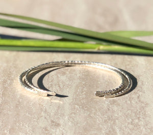 Solid Sterling Silver Cuff Textured Bracelet Set - 3.25mm and 2mm Round
