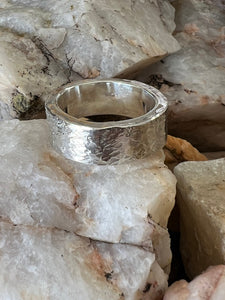 Thick Rustic Textured Solid Sterling Silver Ring - 9.25mm Wide
