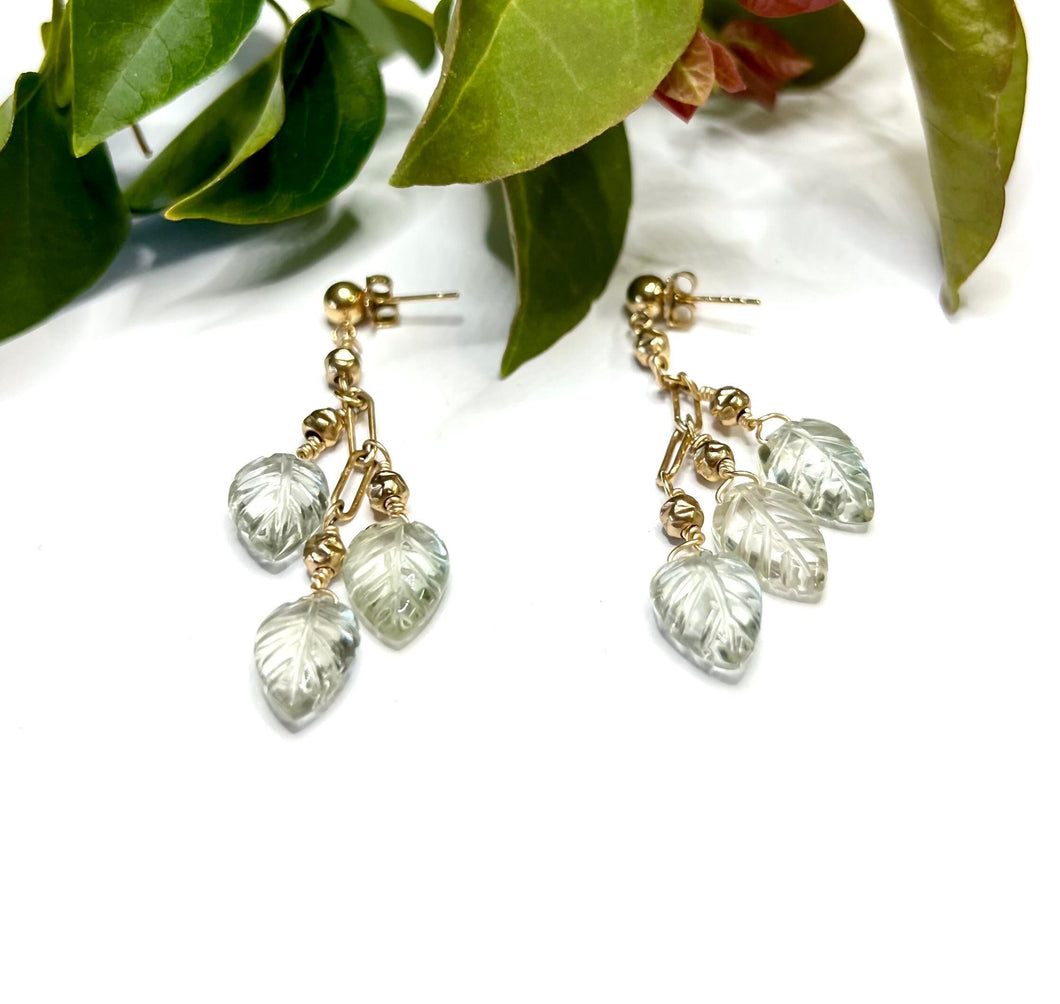 Natural Hand Carved Green Amethyst Hanging Earrings