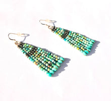 Load image into Gallery viewer, Genuine Turquoise and Pyrite Hand Woven Fringe Earrings
