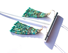 Load image into Gallery viewer, Genuine Turquoise and Pyrite Hand Woven Fringe Earrings
