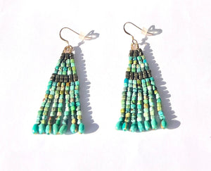 Genuine Turquoise and Pyrite Hand Woven Fringe Earrings