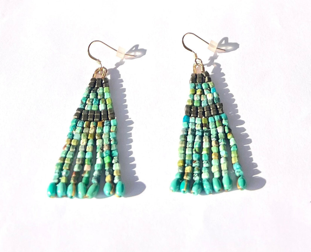 Genuine Turquoise and Pyrite Hand Woven Fringe Earrings